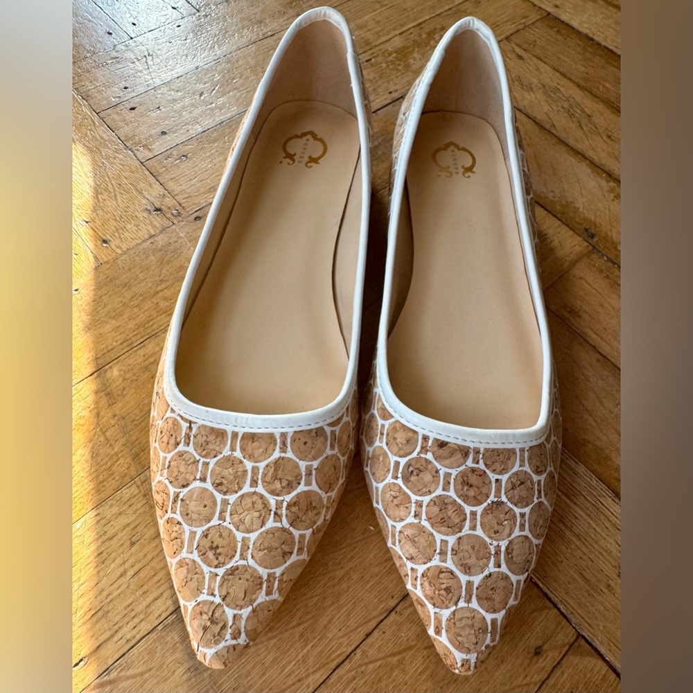 C Wonder Lilly Cork Print Pointed Toe Flats Gold Heel Accent Size 7.5